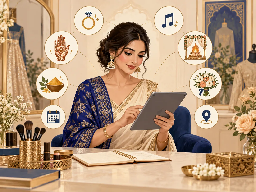 Illustration of a makeup artist reviewing a multi-event Indian wedding enquiry on a tablet