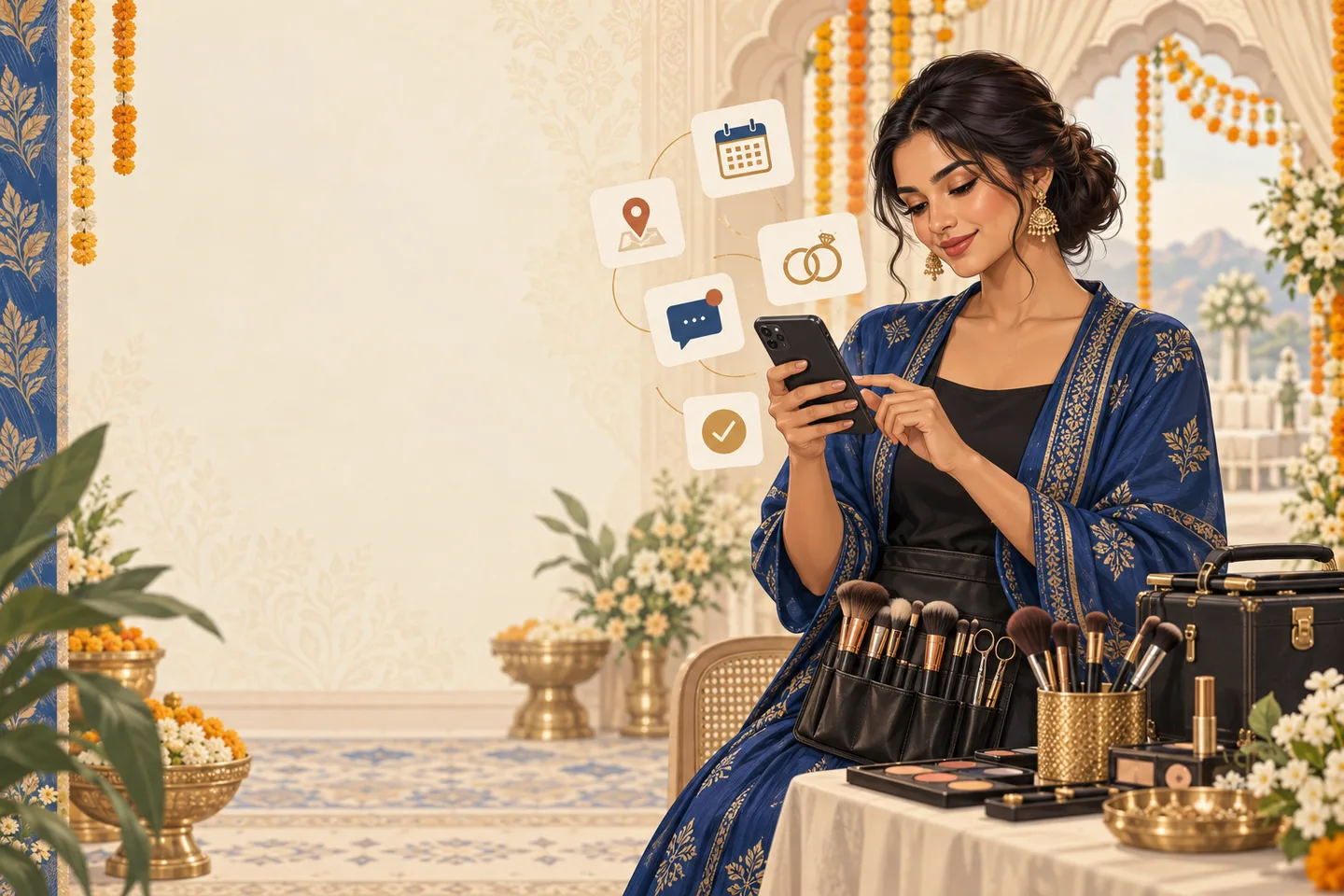 Illustrated Indian bridal makeup artist using a phone beside her professional makeup kit