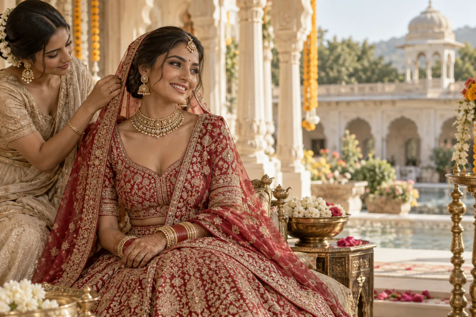 Indian bride enjoying a joyful getting-ready moment in an ivory wedding courtyard