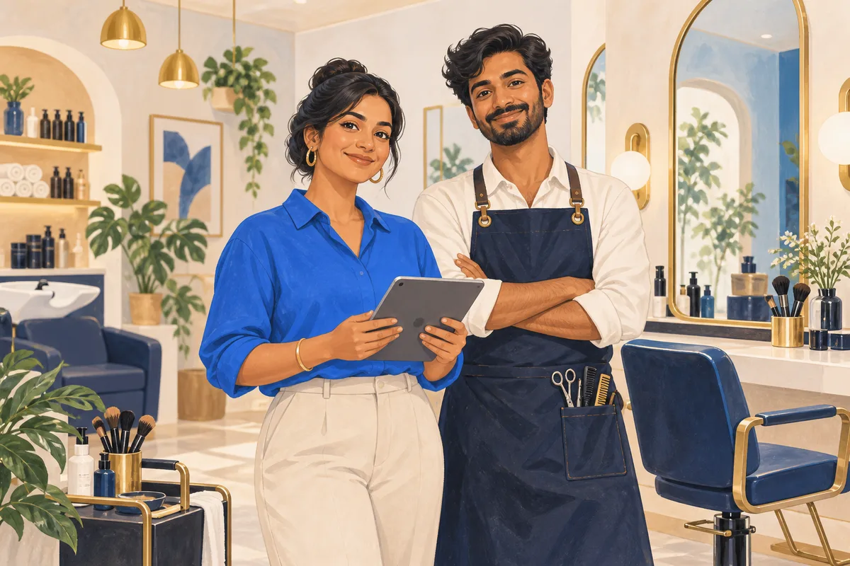 Illustrated Indian salon owner and hairstylist using a tablet in their salon