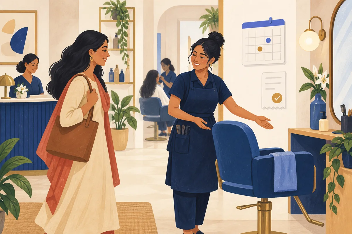 Illustrated beauty professional welcoming a customer for a salon appointment