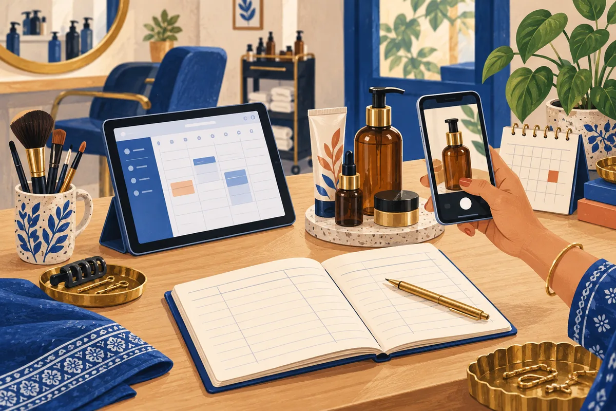 Illustrated salon toolkit with a phone scanning a product bottle, tablet and ledger